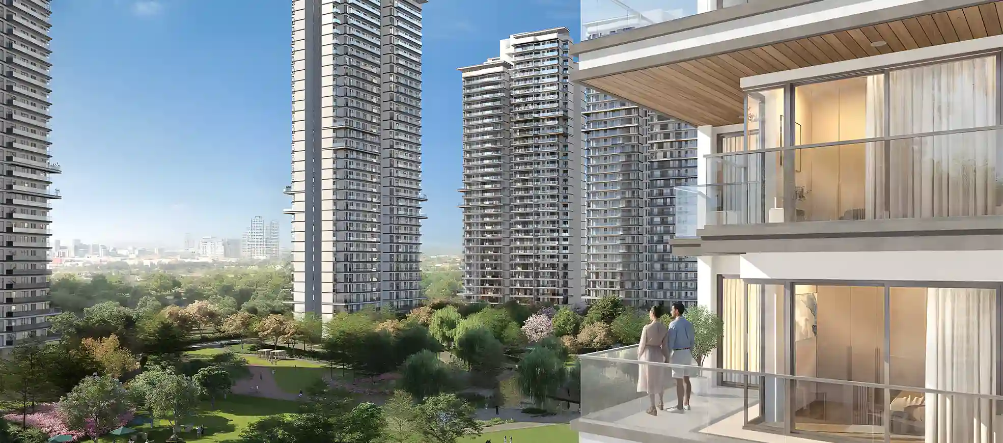 Architectural high-rise towers and luxury balcony view at Emaar Serenity Hills Sector 86 Gurgaon