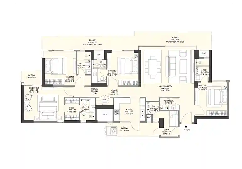 3 BHK 1750 sq ft apartment floor plan layout at Emaar Serenity Hills Gurgaon