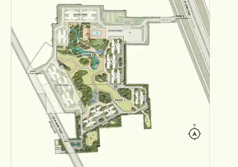 25.90 acre master site plan layout showing 13 towers at Emaar Serenity Hills Sector 86