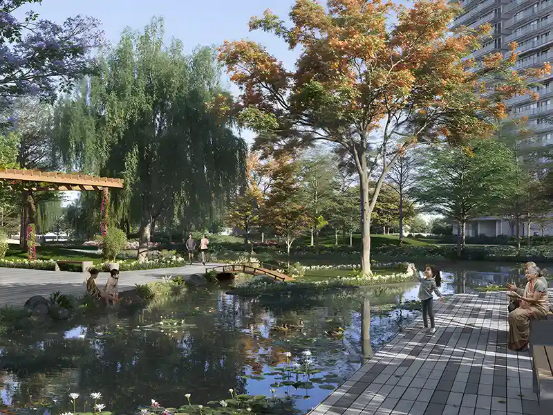 8-acre central green park and landscaped water body at Emaar Serenity Hills Sector 86
