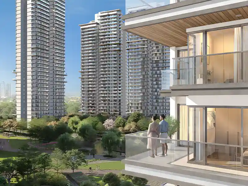 Spacious apartment balcony offering views of central greens at Emaar Serenity Hills Gurgaon