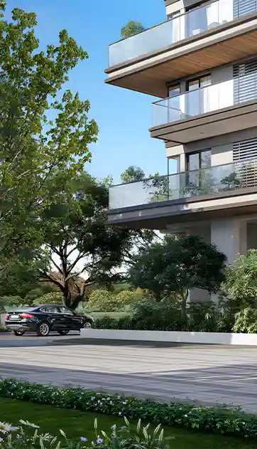 Luxury building facade and double-height entrance driveway at Emaar Serenity Hills Sector 86