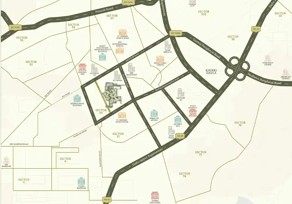 Location map of Emaar Serenity Hills Sector 86 showing NH-48 and Cloverleaf Flyover connectivity